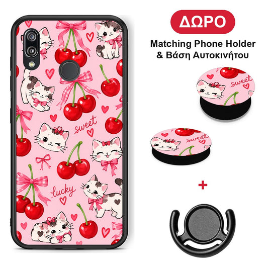 Cherries Bows and Kittens on Pink - Huawei P20 Lite θήκη + Δώρο Phone Holder & Βάση Αυτοκινήτου