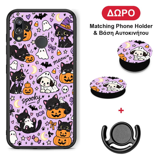 Halloween Black Cats on Lilac - Huawei P20 Lite θήκη + Δώρο Phone Holder & Βάση Αυτοκινήτου