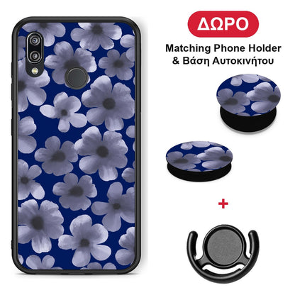Pale Blue Flowers on Navy - Huawei P20 Lite θήκη + Δώρο Phone Holder & Βάση Αυτοκινήτου