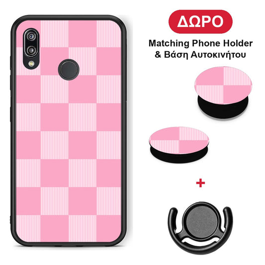Pink and White Striped Checks - Huawei P20 Lite θήκη + Δώρο Phone Holder & Βάση Αυτοκινήτου