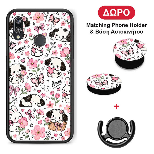 Pink Florals Puppies and Bunnies on White - Huawei P20 Lite θήκη + Δώρο Phone Holder & Βάση Αυτοκινήτου