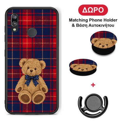 Teddy Bear on Red and Navy Tartan - Huawei P20 Lite θήκη + Δώρο Phone Holder & Βάση Αυτοκινήτου