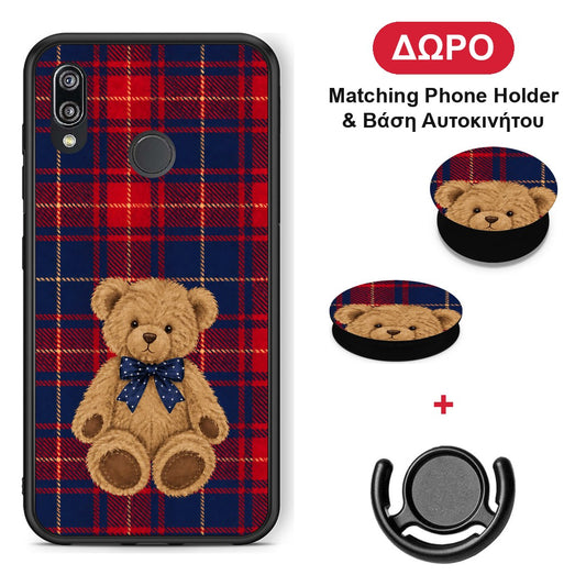 Teddy Bear on Red and Navy Tartan - Huawei P20 Lite θήκη + Δώρο Phone Holder & Βάση Αυτοκινήτου