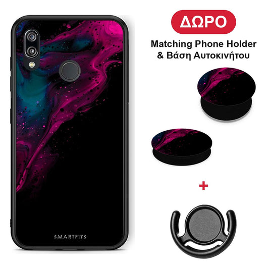 Watercolor Pink Black - Huawei P20 Lite θήκη + Δώρο Phone Holder & Βάση Αυτοκινήτου