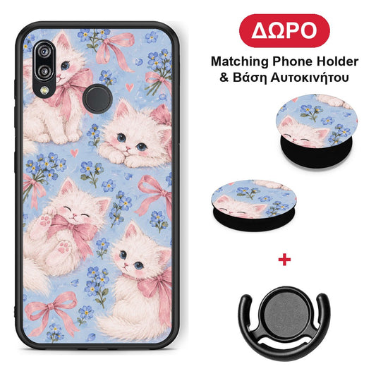 White Kittens and Blue Flowers Large - Huawei P20 Lite θήκη + Δώρο Phone Holder & Βάση Αυτοκινήτου