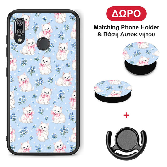 White Kittens and Blue Flowers Small - Huawei P20 Lite θήκη + Δώρο Phone Holder & Βάση Αυτοκινήτου