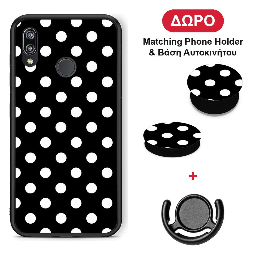 White Polka Dots on Black - Huawei P20 Lite θήκη + Δώρο Phone Holder & Βάση Αυτοκινήτου