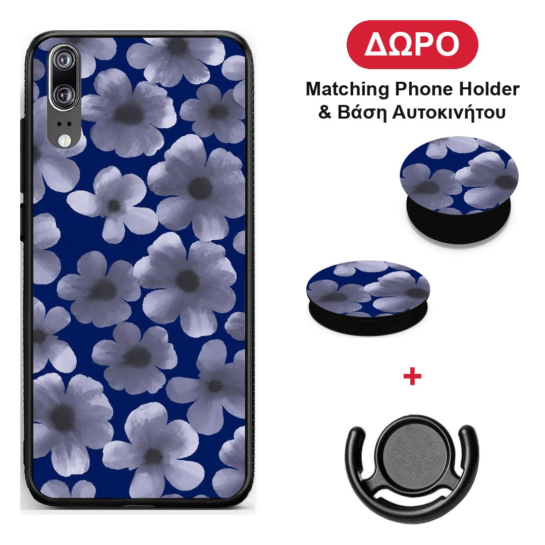 Pale Blue Flowers on Navy - Huawei P20 θήκη + Δώρο Phone Holder & Βάση Αυτοκινήτου