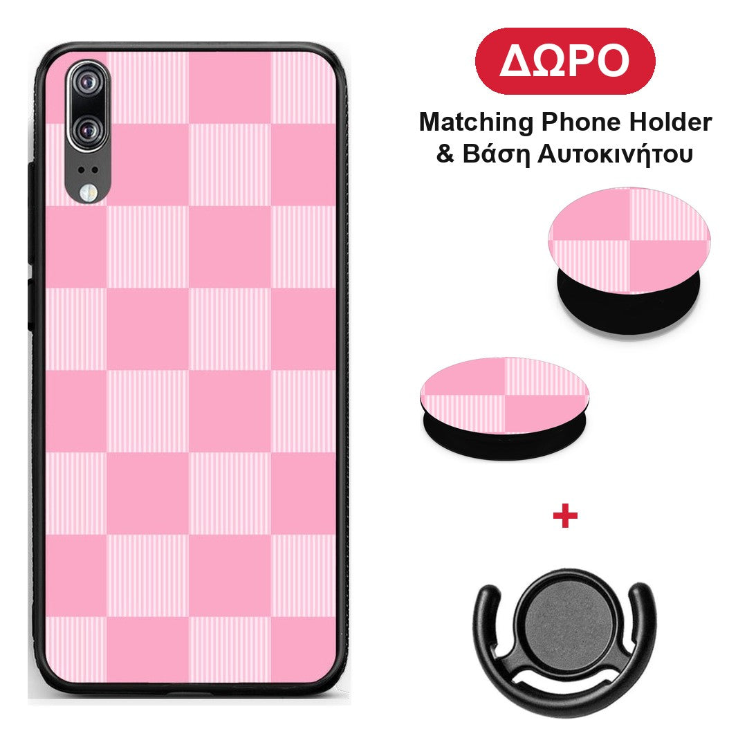 Pink and White Striped Checks - Huawei P20 θήκη + Δώρο Phone Holder & Βάση Αυτοκινήτου