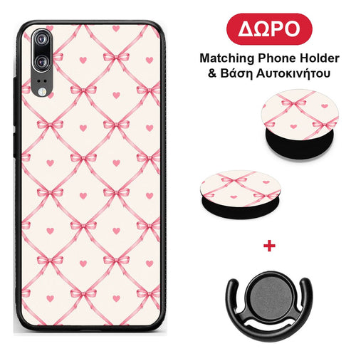 Pink Bow Lattice and Hearts on Cream - Huawei P20 θήκη + Δώρο Phone Holder & Βάση Αυτοκινήτου