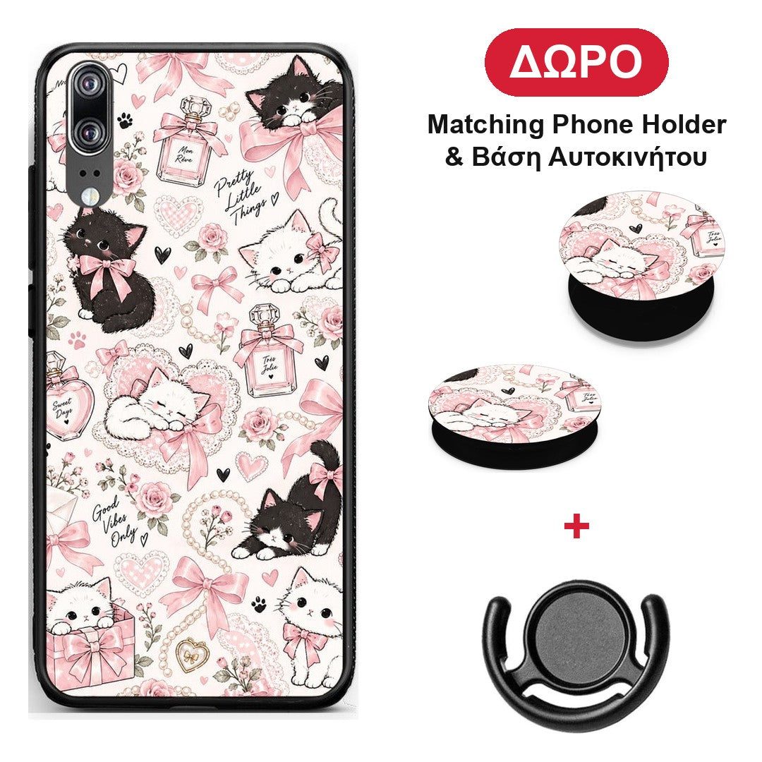 Pink Bows and Kittens Collage - Huawei P20 θήκη + Δώρο Phone Holder & Βάση Αυτοκινήτου