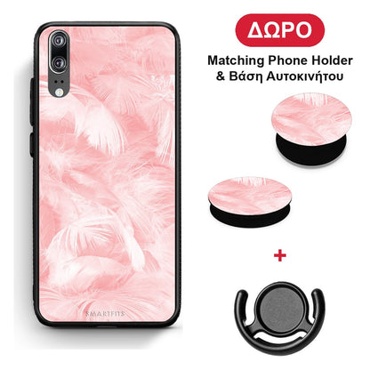 Boho Pink Feather - Huawei P20 θήκη + Δώρο Phone Holder & Βάση Αυτοκινήτου