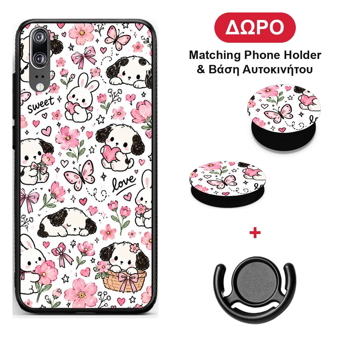 Pink Florals Puppies and Bunnies on White - Huawei P20 θήκη + Δώρο Phone Holder & Βάση Αυτοκινήτου
