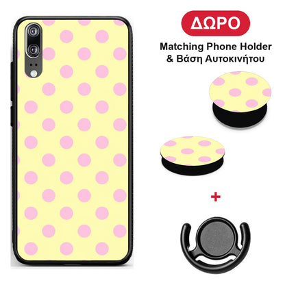 Pink Polka Dots on Yellow - Huawei P20 θήκη + Δώρο Phone Holder & Βάση Αυτοκινήτου