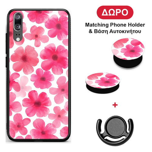 Pink Watercolour Flowers on White - Huawei P20 θήκη + Δώρο Phone Holder & Βάση Αυτοκινήτου