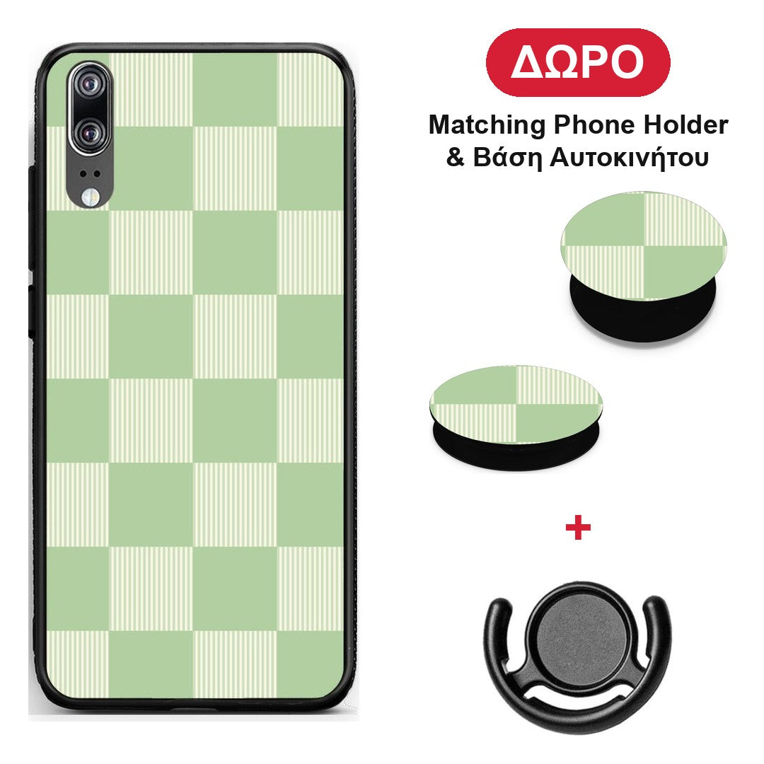 Sage and Cream Striped Checks - Huawei P20 θήκη + Δώρο Phone Holder & Βάση Αυτοκινήτου