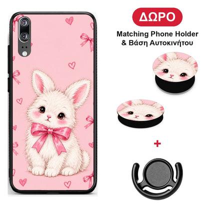 White Bunny and Pink Bows - Huawei P20 θήκη + Δώρο Phone Holder & Βάση Αυτοκινήτου