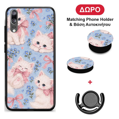 White Kittens and Blue Flowers Large - Huawei P20 θήκη + Δώρο Phone Holder & Βάση Αυτοκινήτου