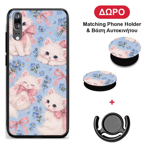 White Kittens and Blue Flowers Large - Huawei P20 θήκη + Δώρο Phone Holder & Βάση Αυτοκινήτου