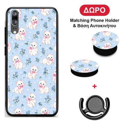 White Kittens and Blue Flowers Small - Huawei P20 θήκη + Δώρο Phone Holder & Βάση Αυτοκινήτου