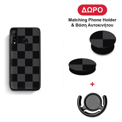 Black and Charcoal Striped Checks - Huawei P30 Lite θήκη + Δώρο Phone Holder & Βάση Αυτοκινήτου