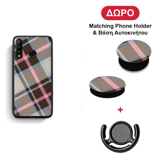 Brown Pink and Blue Diagonal Plaid - Huawei P30 Lite θήκη + Δώρο Phone Holder & Βάση Αυτοκινήτου