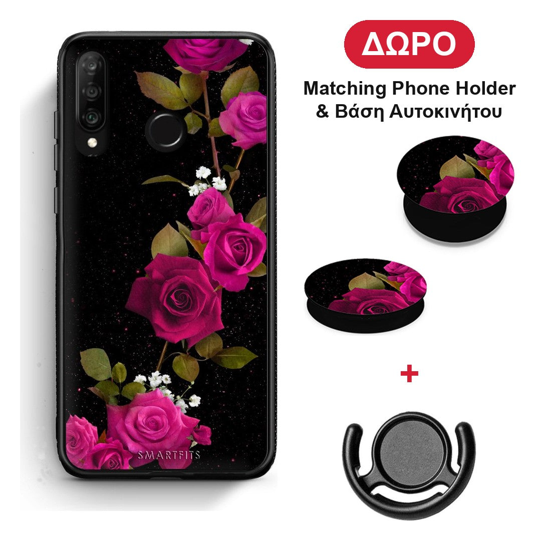 Flower Red Roses - Huawei P30 Lite θήκη + Δώρο Phone Holder & Βάση Αυτοκινήτου