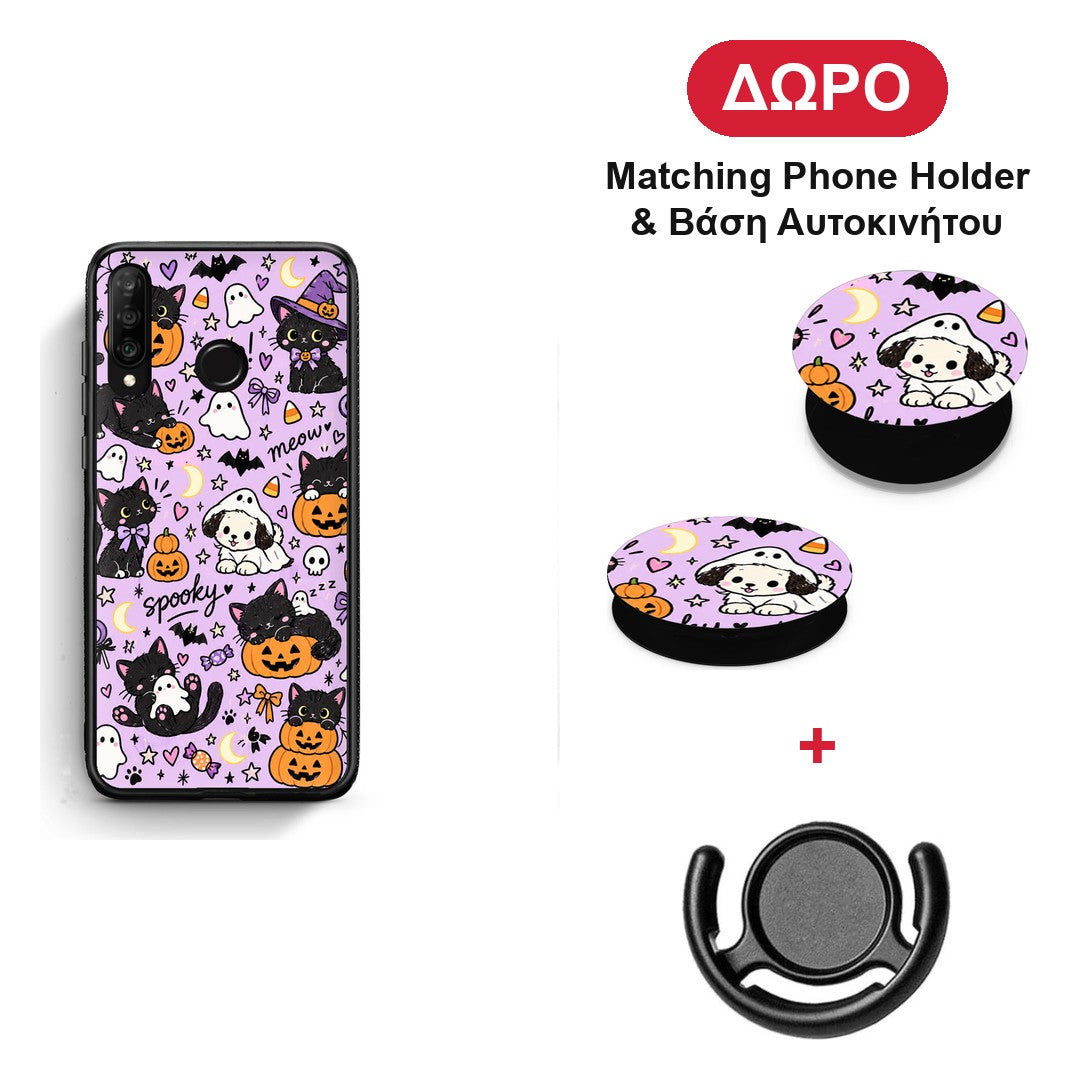 Halloween Black Cats on Lilac - Huawei P30 Lite θήκη + Δώρο Phone Holder & Βάση Αυτοκινήτου
