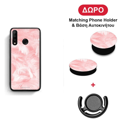 Boho Pink Feather - Huawei P30 Lite θήκη + Δώρο Phone Holder & Βάση Αυτοκινήτου