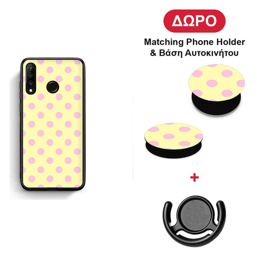 Pink Polka Dots on Yellow - Huawei P30 Lite θήκη + Δώρο Phone Holder & Βάση Αυτοκινήτου