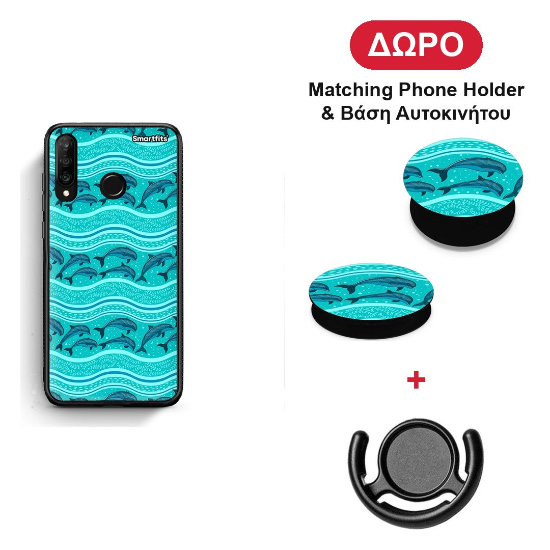 Swimming Dolphins - Huawei P30 Lite θήκη + Δώρο Phone Holder & Βάση Αυτοκινήτου