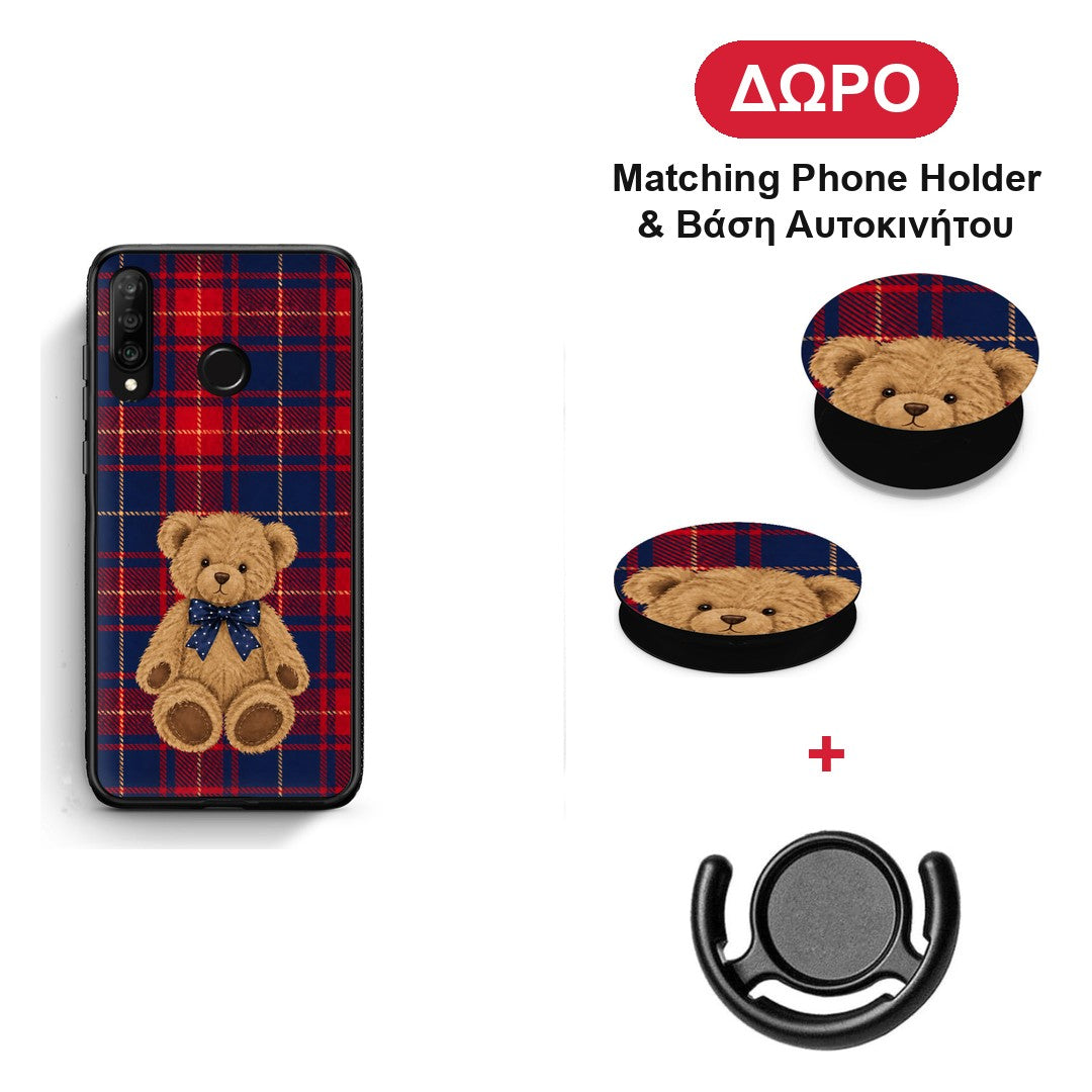 Teddy Bear on Red and Navy Tartan - Huawei P30 Lite θήκη + Δώρο Phone Holder & Βάση Αυτοκινήτου