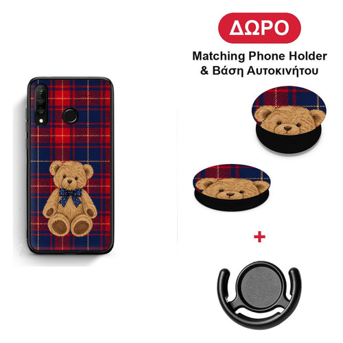 Teddy Bear on Red and Navy Tartan - Huawei P30 Lite θήκη + Δώρο Phone Holder & Βάση Αυτοκινήτου