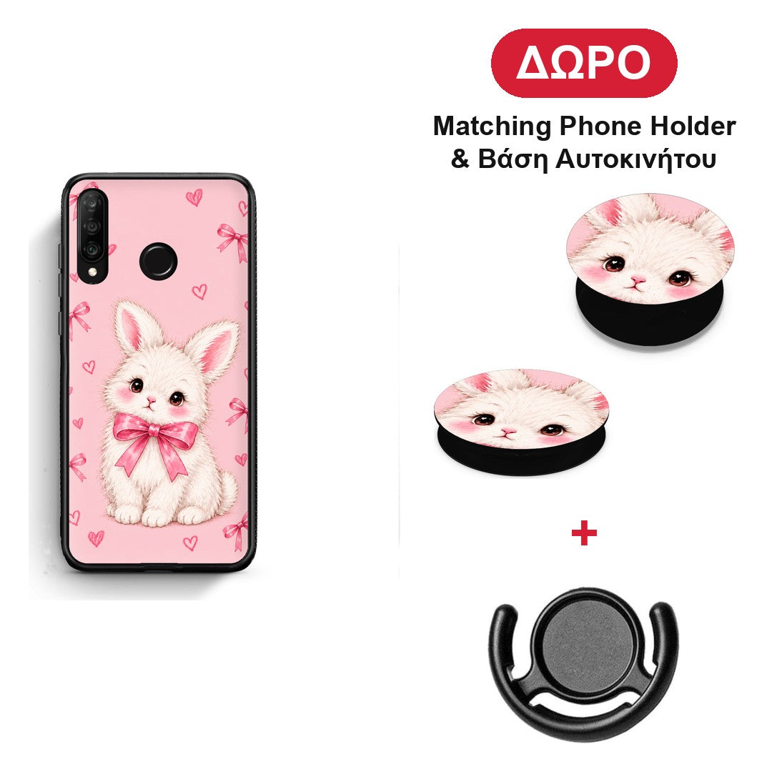 White Bunny and Pink Bows - Huawei P30 Lite θήκη + Δώρο Phone Holder & Βάση Αυτοκινήτου