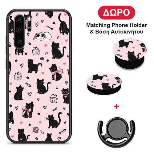 Black Cat Doodles on Pink - Huawei P30 Pro θήκη + Δώρο Phone Holder & Βάση Αυτοκινήτου