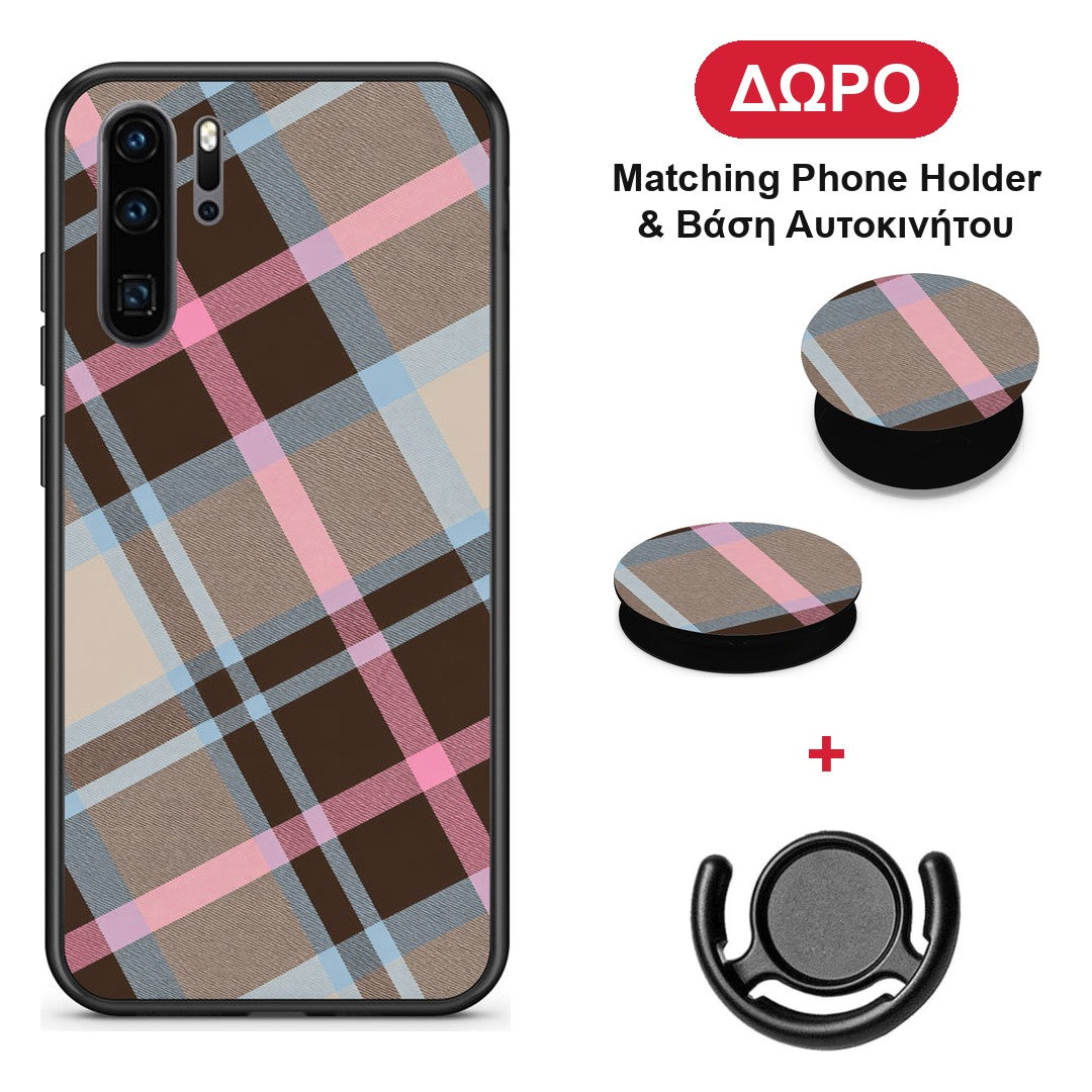 Brown Pink and Blue Diagonal Plaid - Huawei P30 Pro θήκη + Δώρο Phone Holder & Βάση Αυτοκινήτου