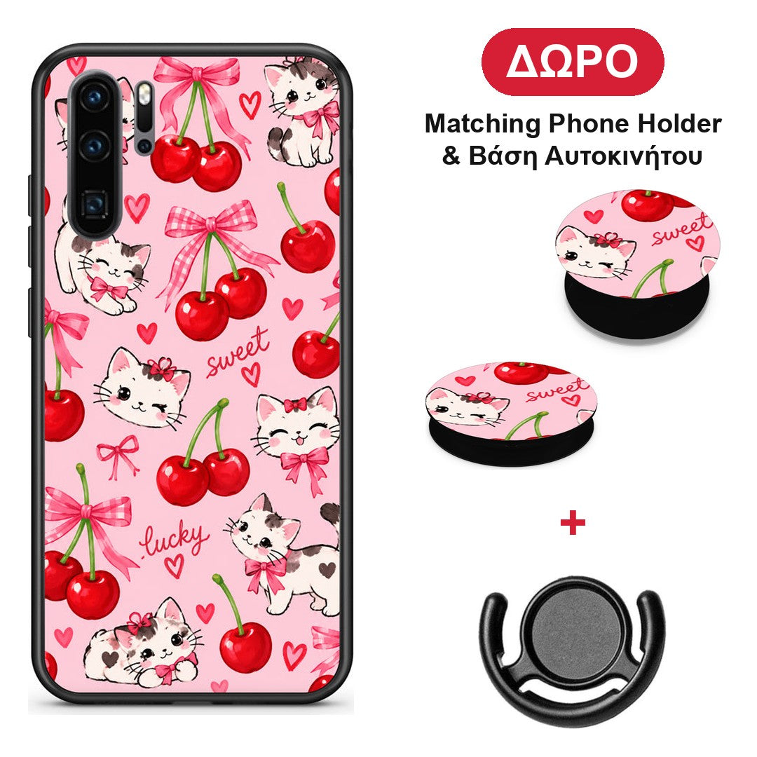 Cherries Bows and Kittens on Pink - Huawei P30 Pro θήκη + Δώρο Phone Holder & Βάση Αυτοκινήτου