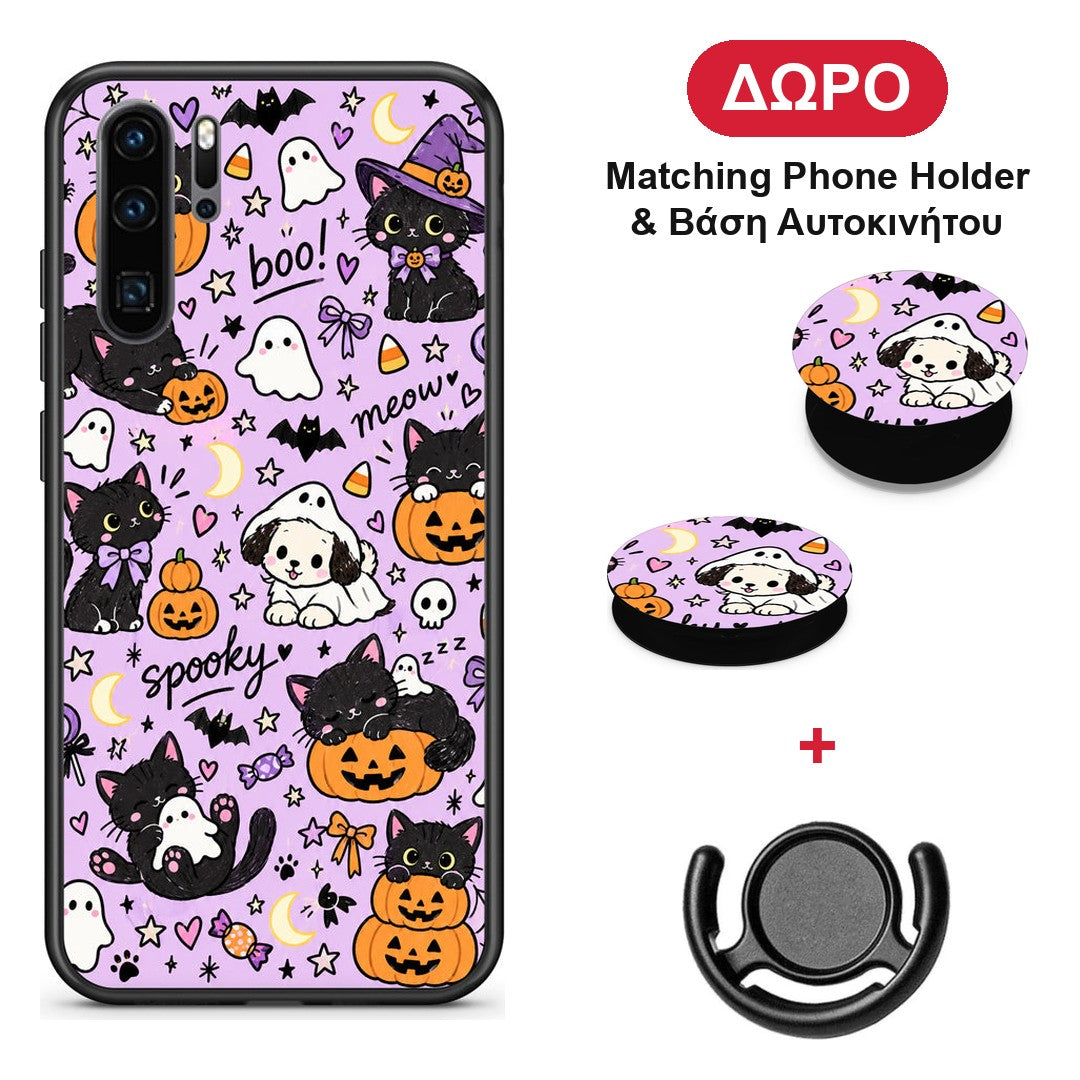 Halloween Black Cats on Lilac - Huawei P30 Pro θήκη + Δώρο Phone Holder & Βάση Αυτοκινήτου