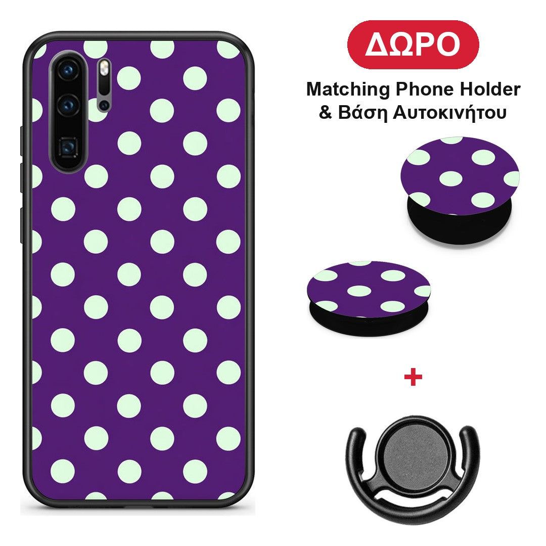 Mint Polka Dots on Purple - Huawei P30 Pro θήκη + Δώρο Phone Holder & Βάση Αυτοκινήτου