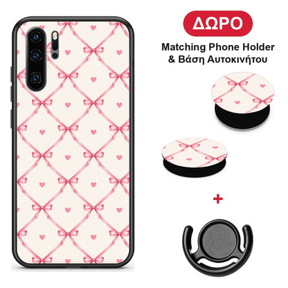 Pink Bow Lattice and Hearts on Cream - Huawei P30 Pro θήκη + Δώρο Phone Holder & Βάση Αυτοκινήτου