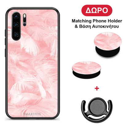 Boho Pink Feather - Huawei P30 Pro θήκη + Δώρο Phone Holder & Βάση Αυτοκινήτου