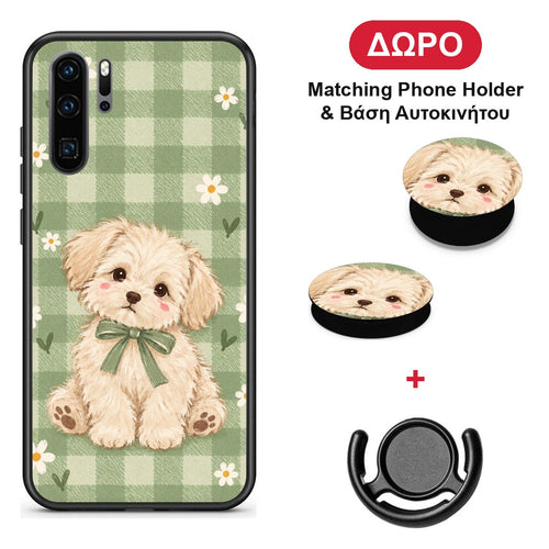 Puppy and Daisies on Sage Gingham - Huawei P30 Pro θήκη + Δώρο Phone Holder & Βάση Αυτοκινήτου