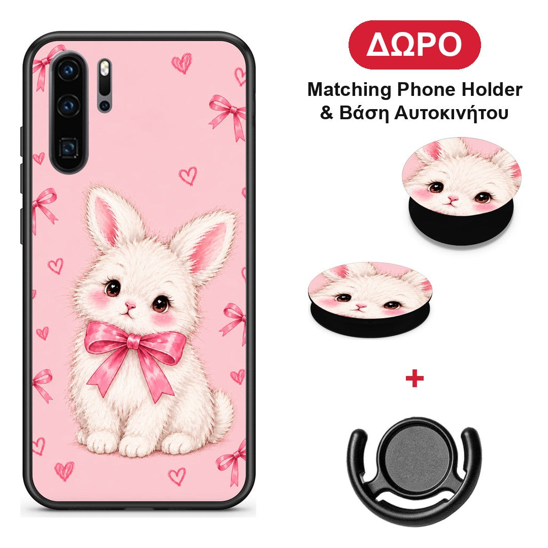 White Bunny and Pink Bows - Huawei P30 Pro θήκη + Δώρο Phone Holder & Βάση Αυτοκινήτου