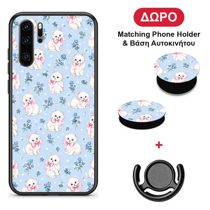 White Kittens and Blue Flowers Small - Huawei P30 Pro θήκη + Δώρο Phone Holder & Βάση Αυτοκινήτου