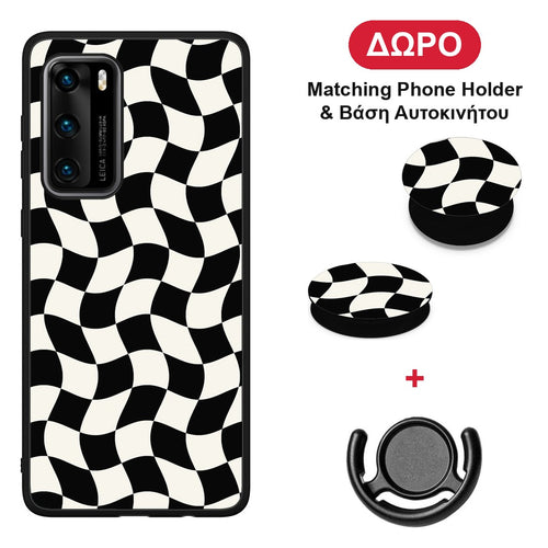 Black and Cream Wavy Checkerboard - Huawei P40 θήκη + Δώρο Phone Holder & Βάση Αυτοκινήτου