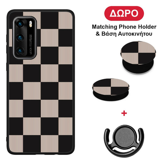 Black and Taupe Striped Checks - Huawei P40 θήκη + Δώρο Phone Holder & Βάση Αυτοκινήτου