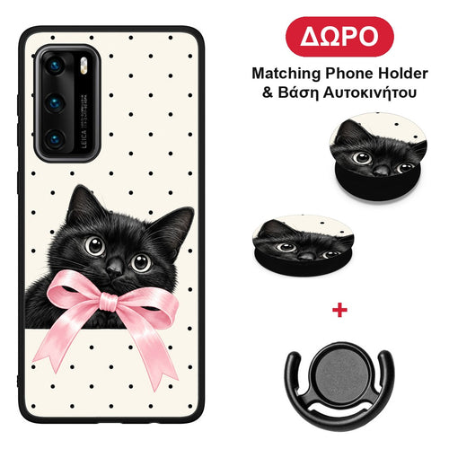 Black Kitten Pink Bow and Polka Dots - Huawei P40 θήκη + Δώρο Phone Holder & Βάση Αυτοκινήτου