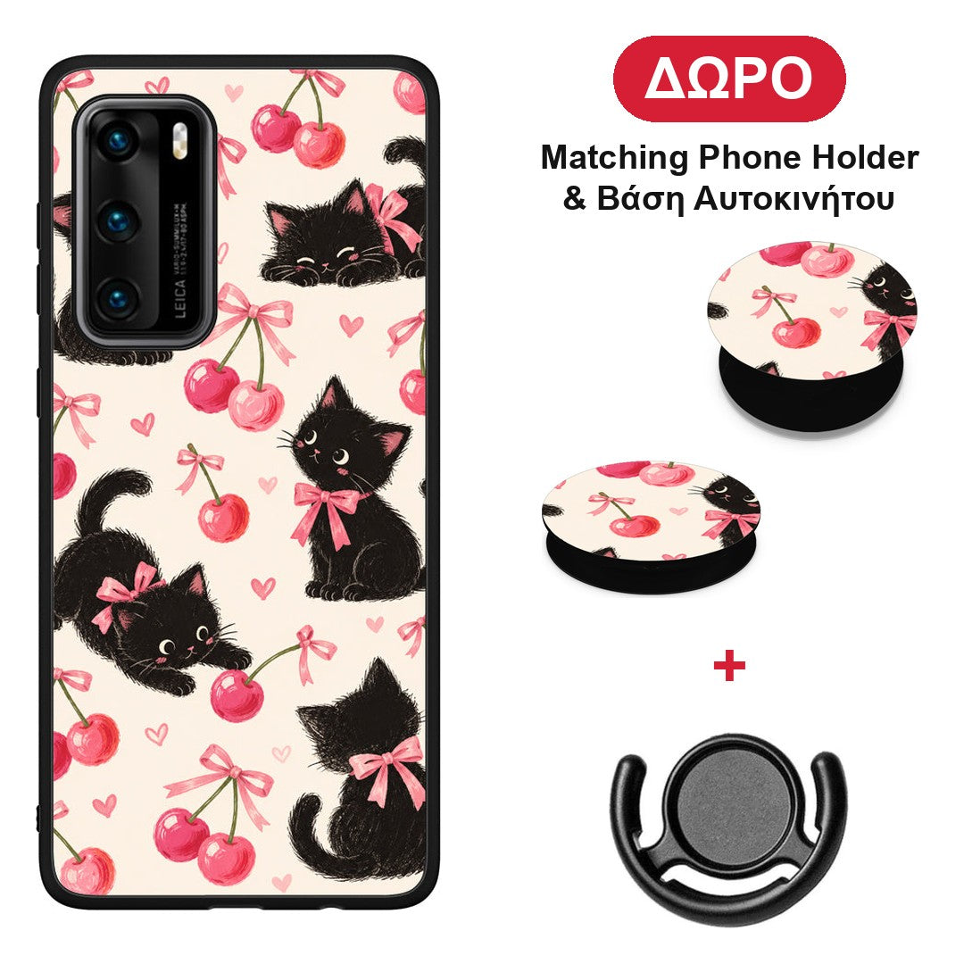 Black Kittens and Cherries on Cream - Huawei P40 θήκη + Δώρο Phone Holder & Βάση Αυτοκινήτου