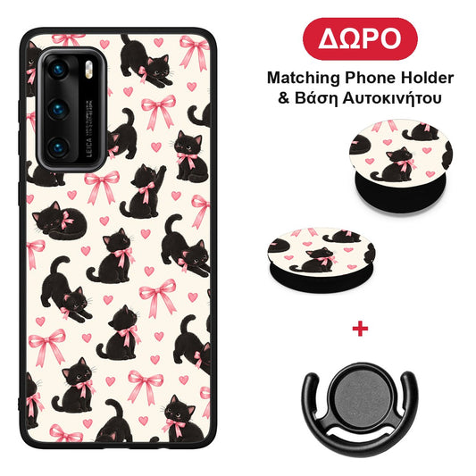 Black Kittens and Pink Bows on Cream Small - Huawei P40 θήκη + Δώρο Phone Holder & Βάση Αυτοκινήτου
