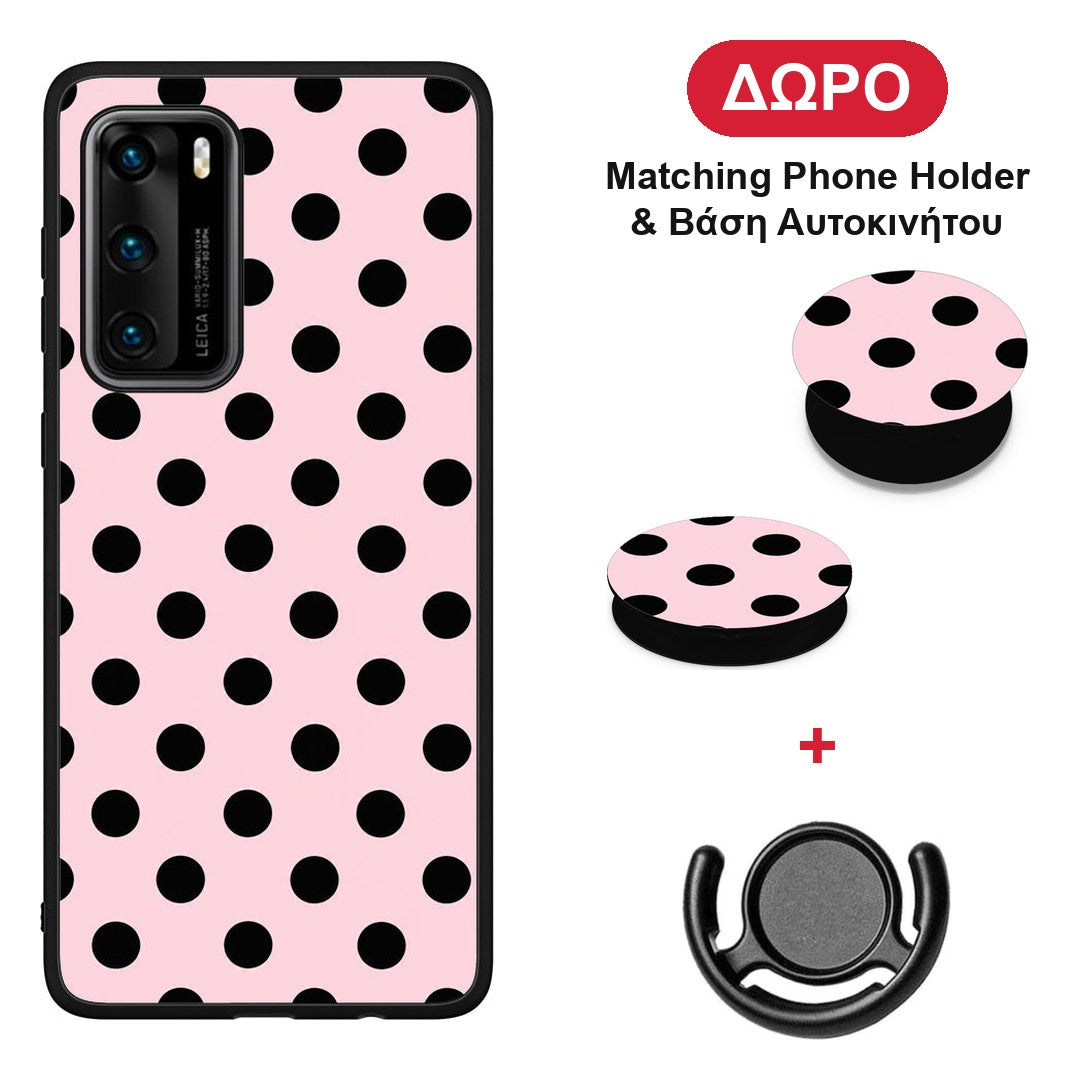 Black Polka Dots on Pink - Huawei P40 θήκη + Δώρο Phone Holder & Βάση Αυτοκινήτου